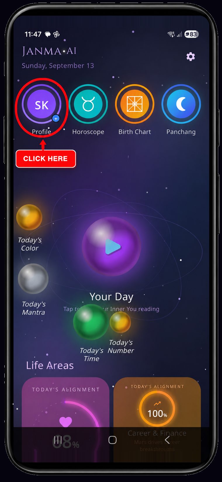 Janma app screenshot — tap the profile icon