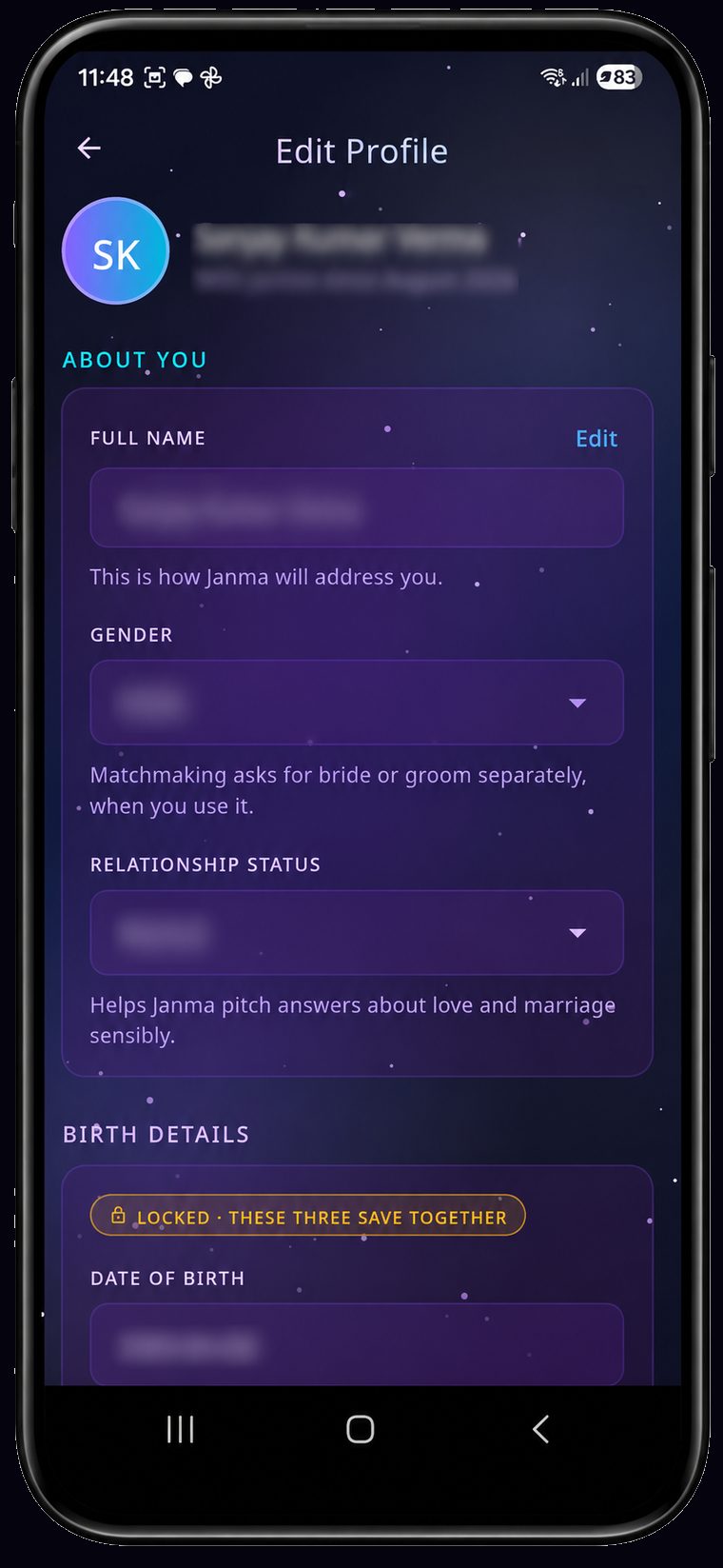 Janma app screenshot — scroll down