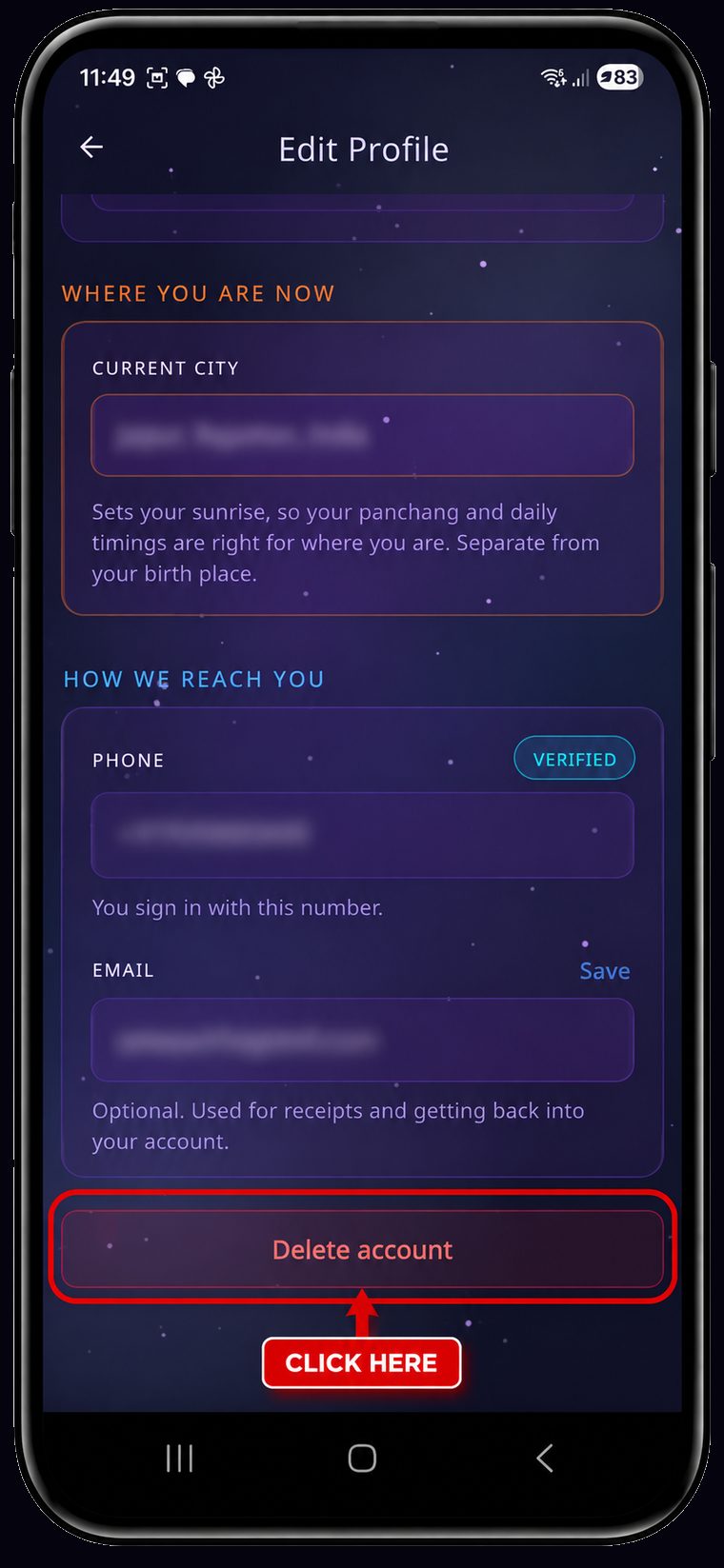 Janma app screenshot — tap delete account